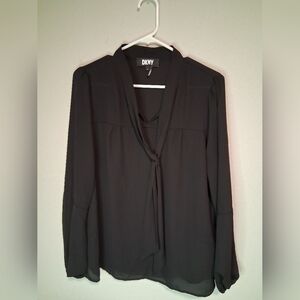 DKNY Sheer Black Long Sleeve Tie‑Neck Blouse • Women’s Size M • Goth / Business